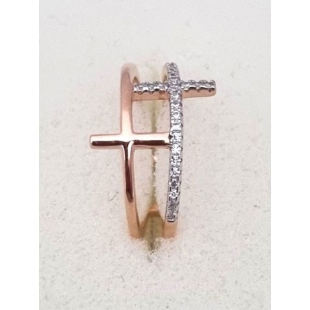 Bague double anneaux avec croix et zircon Argent RH S925/PL.Or Rose 2.60gr