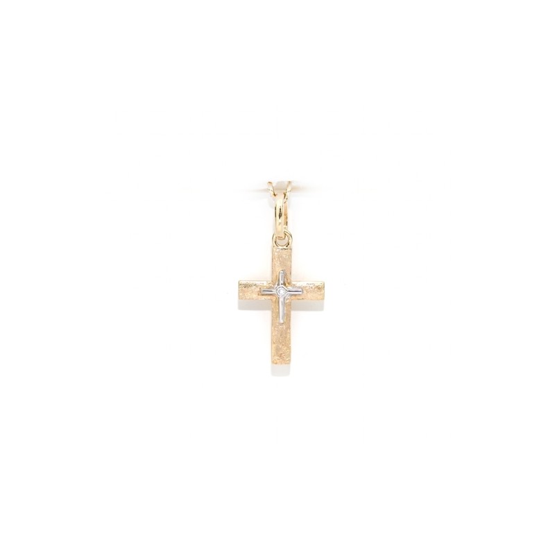 Pendentif croix bicolore en or 14 carats et brillant 0.005 carat