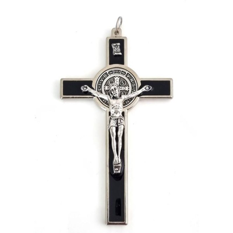Pendentif croix de Saint Benoit en métal et émail NOIR 12 cm