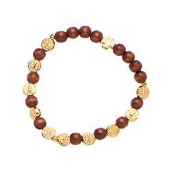 Elastische armband brunette 6mm met gouden medaille St Benoit