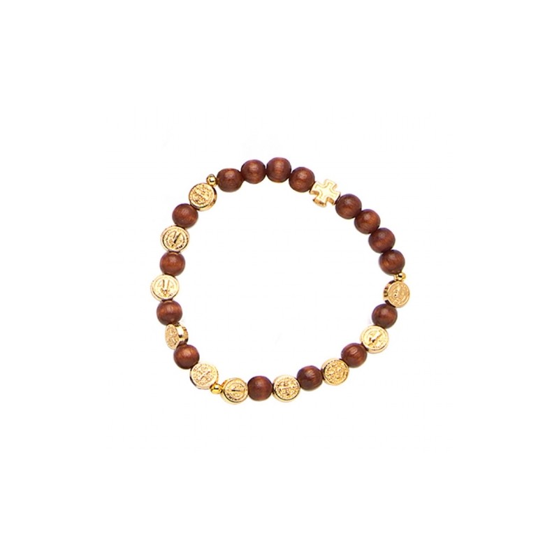 Bracelet élastique perle brune 6mm avec médaille dorée St Benoit