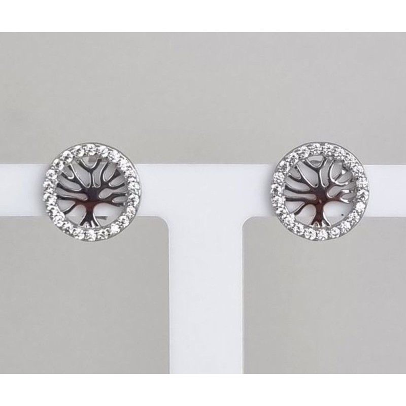 Boucles d'oreilles arbre de vie entoure de zircon Argent RH S925 1.60gr