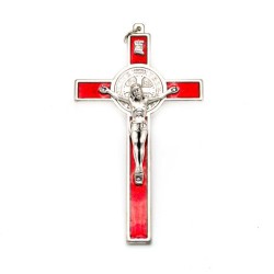 Pendentif croix de Saint Benoit en métal et émail ROUGE 12 cm