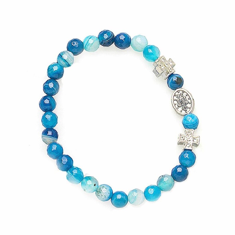 Braziliaanse elastische armband in blauwe agaatsteen en metalen kruis 6 mm 