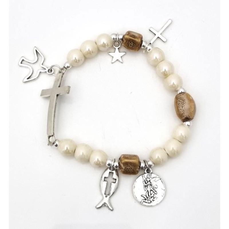 Bracelet élastique 8mm en céramique +médaille 15mm St Michel 
