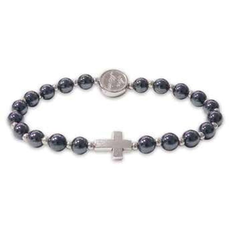Bracelet élastique perles hématite 6mm et médaille métal