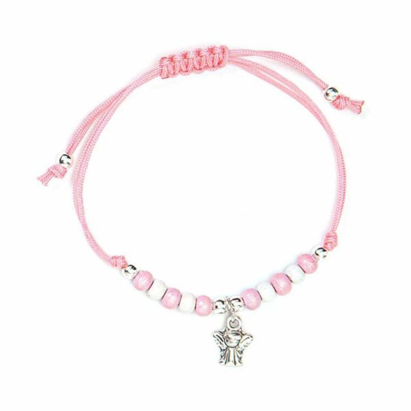 Touw armband met rozen parels en engel medaille