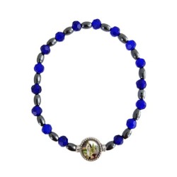 Bracelet élastique perles facettes en bleu ou rouge + hématite + médaille Banneux 