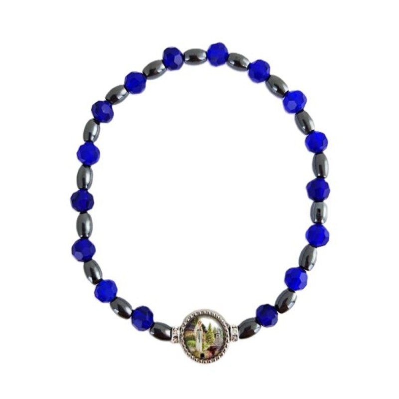 Bracelet élastique perles facettes en bleu ou rouge + hématite + médaille Banneux 