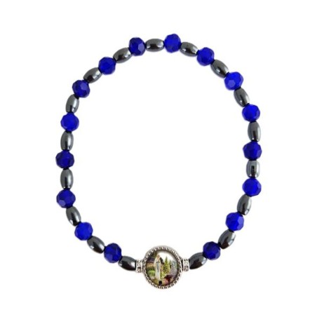 Bracelet élastique perles facettes en bleu ou rouge + hématite + médaille Banneux 