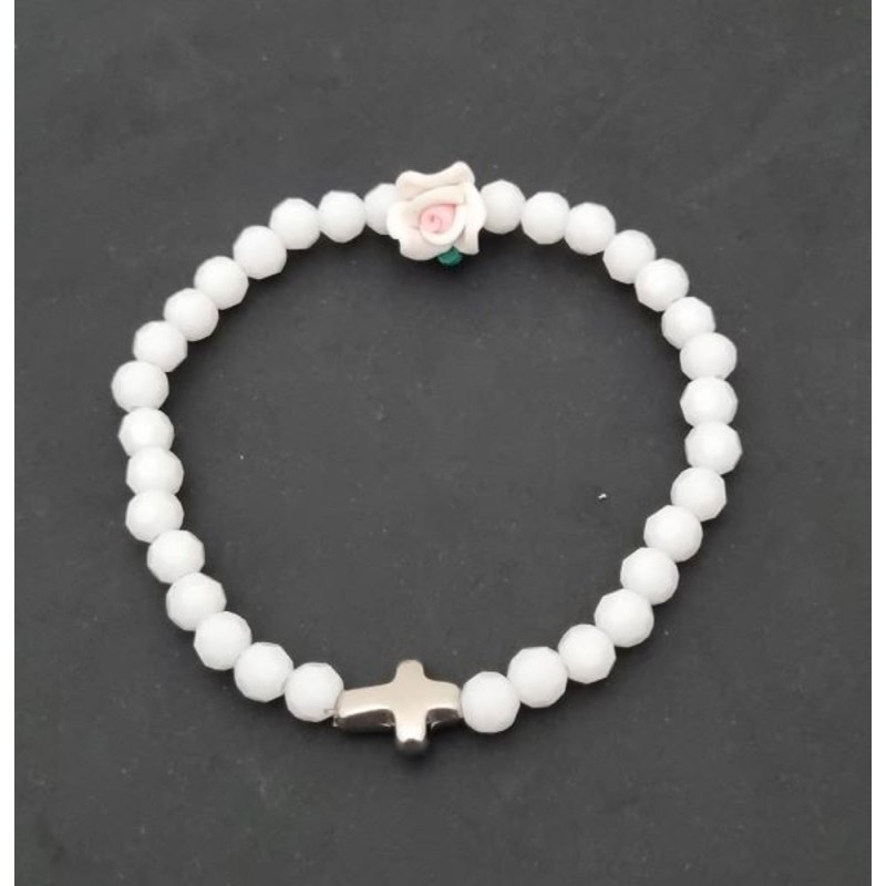 Bracelet élastique blanc avec rose et croix 