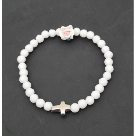 Bracelet élastique blanc avec rose et croix 