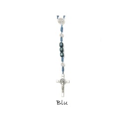 Chapelet Saint Benoit perle bois ovale bleue sur double chainage