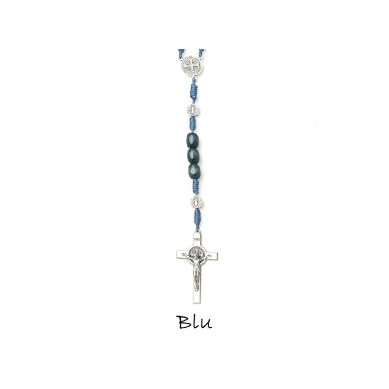 Chapelet Saint Benoit perle bois ovale bleue sur double chainage