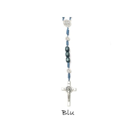 Chapelet Saint Benoit perle bois ovale bleue sur double chainage