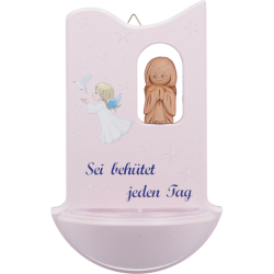 Bénitier enfant en bois d'érable rose texte Français et ange teracota
