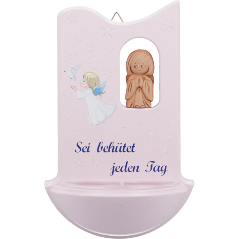 Bénitier enfant en bois d'érable rose texte Français et ange teracota