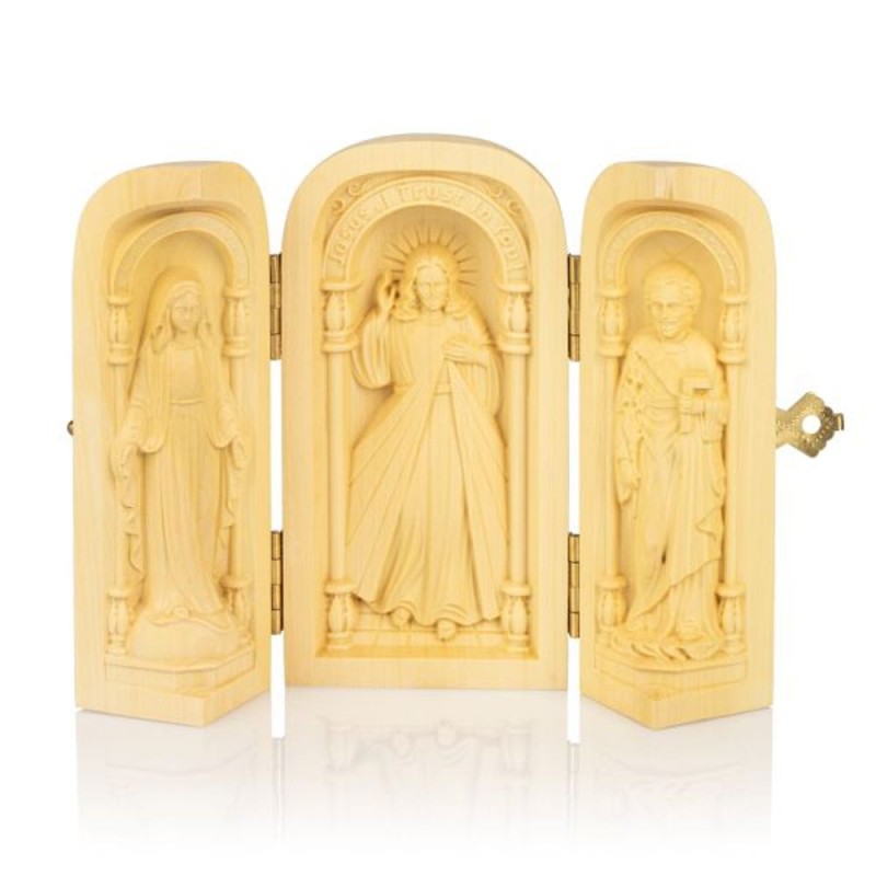 Triptyque Bois sculpté Miraculeuse/Jésus Miséricordieux/Joseph 10cm
