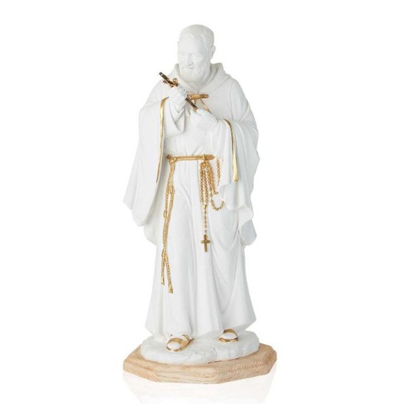 Statue  blanche Padre Pio 20cm avec croix métal dorée