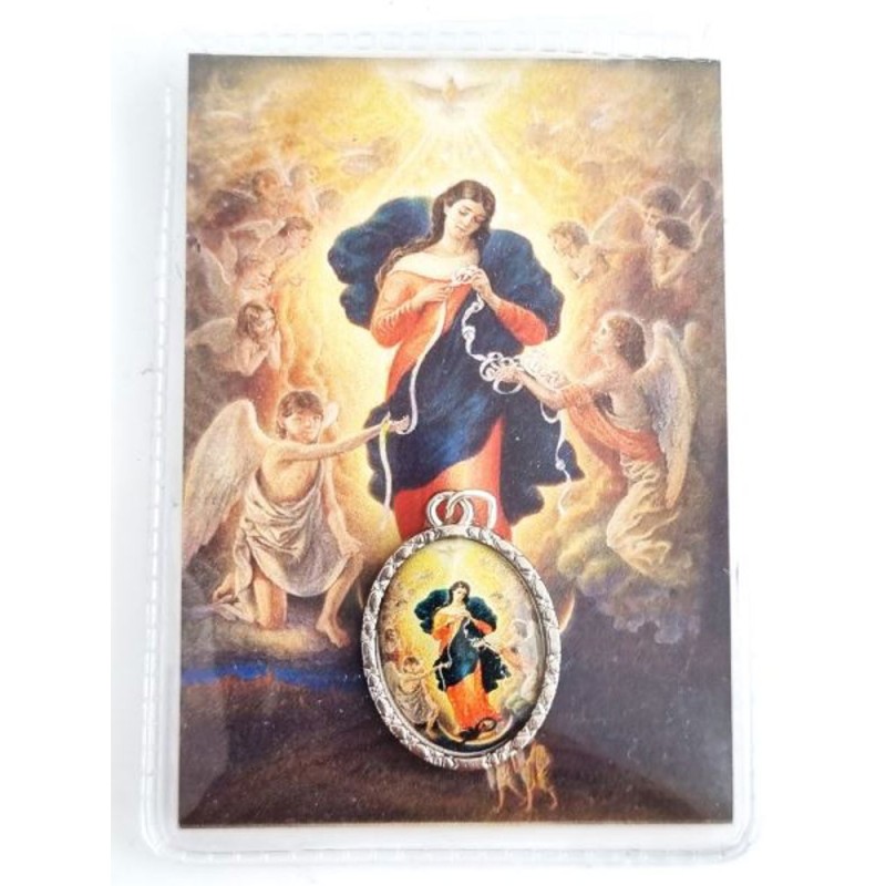 Médaille métal dorée image couleur Marie qui défait les nœuds + carte image + étui blister