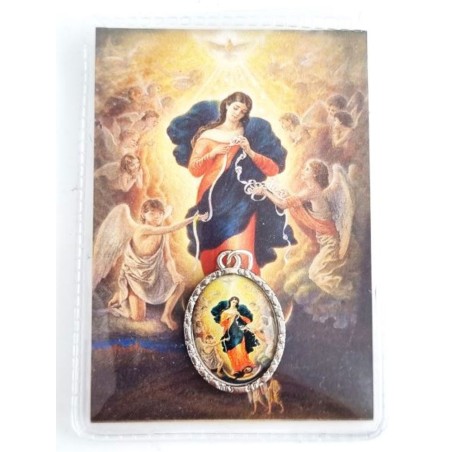 Médaille métal dorée image couleur Marie qui défait les nœuds + carte image + étui blister