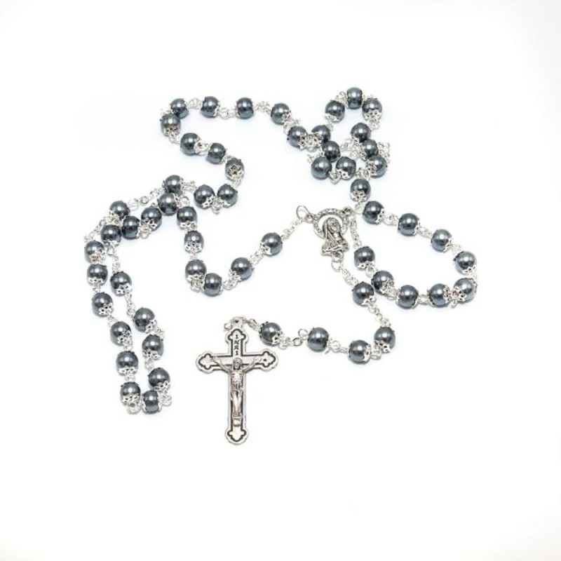 Grijze parel rozenkrans van 6 mm met kleine hoeden
