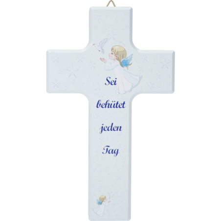 Cross Blue Child 15x9cm Maple Wood (Franse tekst)