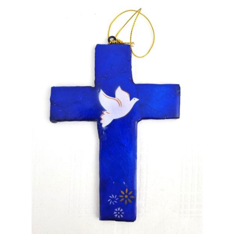 Croix nacrée bleu sur bois colombe et fleurs