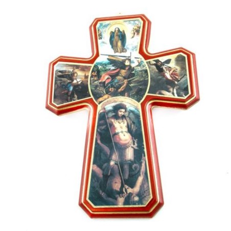 Kruis met Saint Michel in hout. 26/19 cm