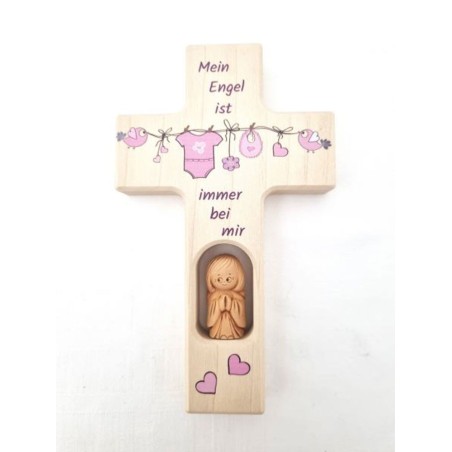 Croix en bois avec ange en terre cuite. décorations roses et texte en allemand. 15/9 cm