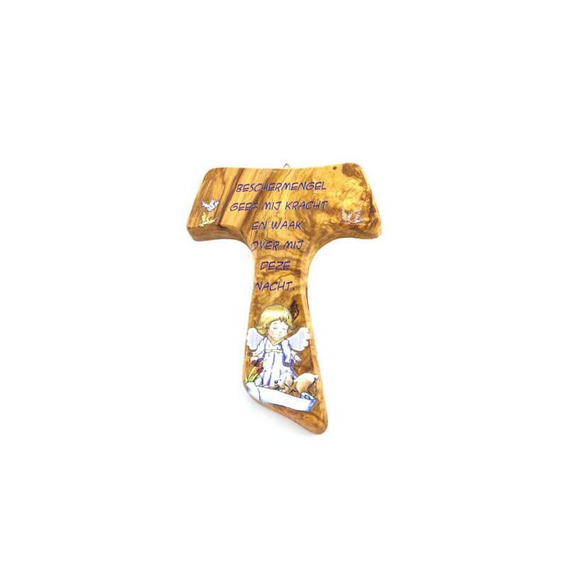 Croix Tau en bois d'olivier avec ange bleu et texte NL 
