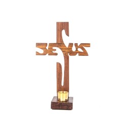 Croix sur base en bois JESUS avec bougeoir  H.19cm