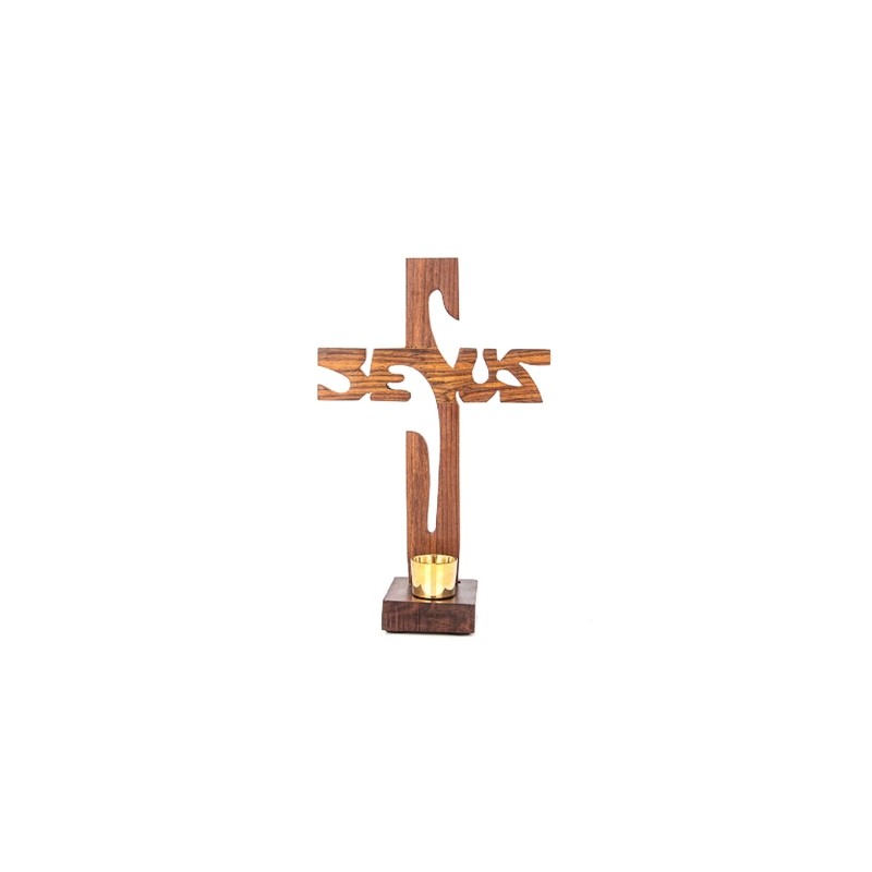 Croix sur base en bois JESUS avec bougeoir  H.19cm