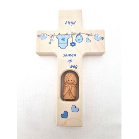 Blauw houten kruis met engel en tekst in het Nederlands. 15/9 cm