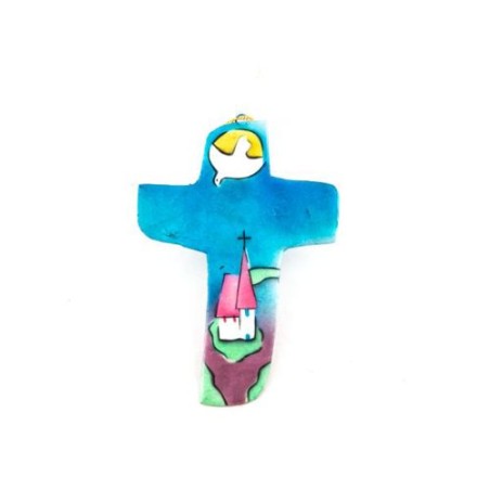 Blauw kruis met kerk en Colombe