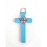 Blauw houten kruis met metalen engel buste  