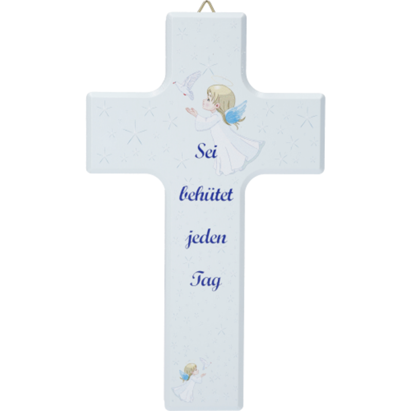 Croix enfant Bleue 15X9cm en bois d'érable (Texte en Allemand)