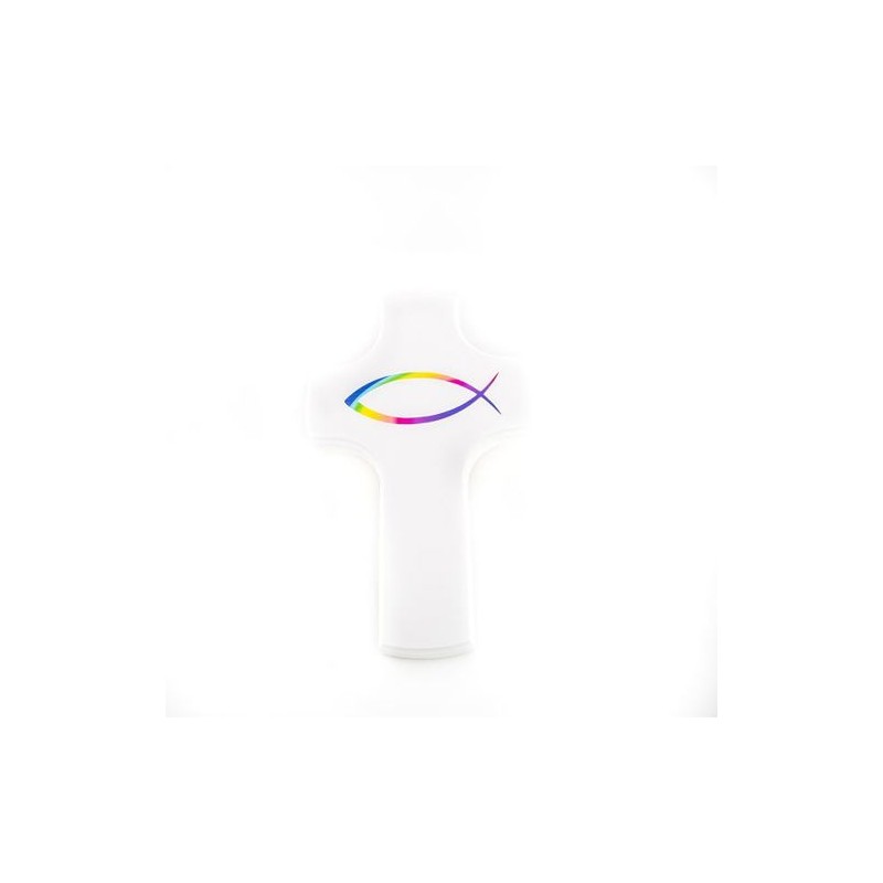 Houten wit kruis met regenboogvissen. 18/11 cm