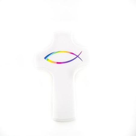 Houten wit kruis met regenboogvissen. 18/11 cm
