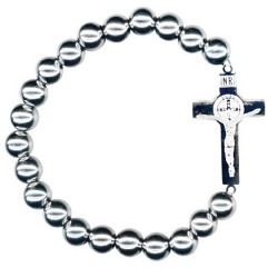 Bracelet élastique perle 8mm et croix en acier inox  S. Benoit