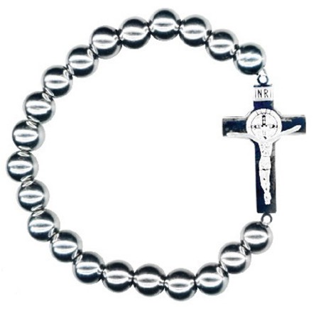 Bracelet élastique perle 8mm et croix en acier inox  S. Benoit