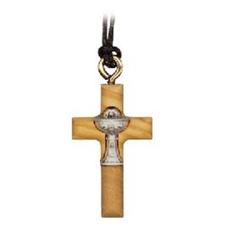 Olijf houten kruis met calice 34 mm insert op het koord