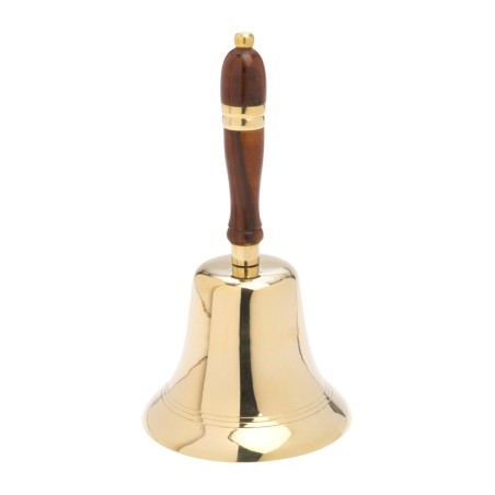 Gouden altaarbel met houten handvat. 26 cm