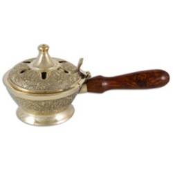Potbrander: 8cm gepolijst messing met houten handvat