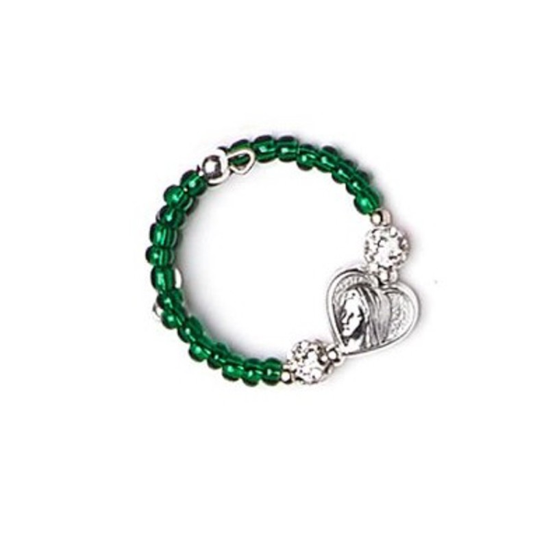 Bague perles en verre 2.5mm VERTE + strass et cœur métal