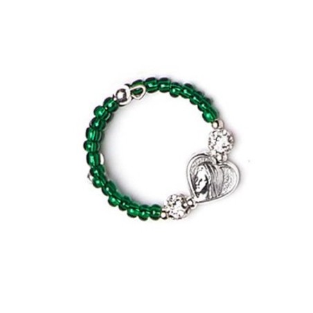 Bague perles en verre 2.5mm VERTE + strass et cœur métal