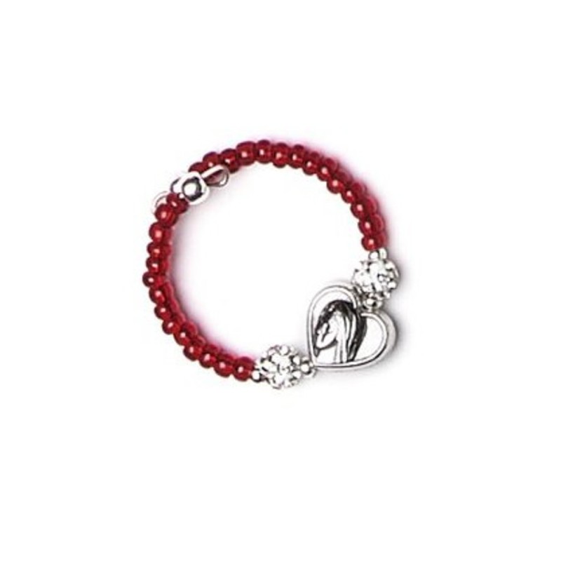 Bague perles en verre 2.5mm ROUGE + strass et cœur métal