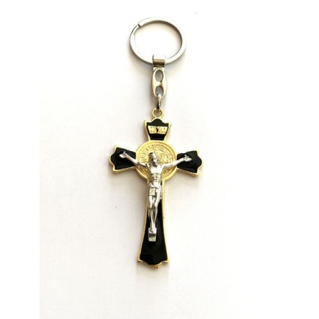 Porte-clés métal doré Croix St Benoit 7x4cm