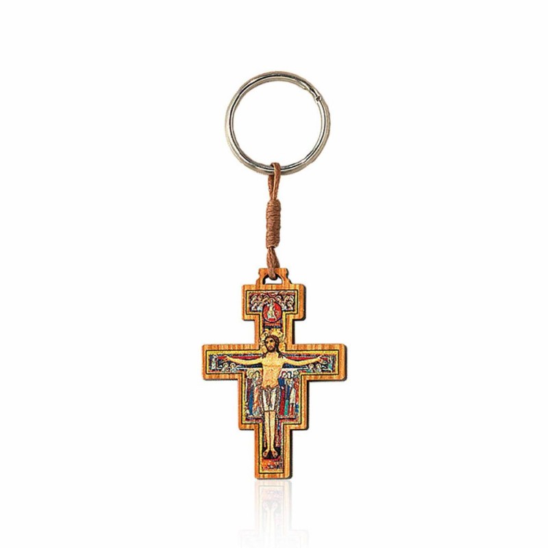 Sleutelhanger St Damien Cross in Olive Wood 5.5x3.5cm
