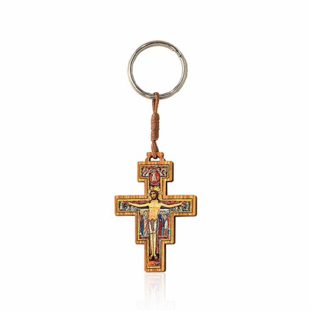 Porte-clés croix de St Damien en bois d'olivier 5.5x3.5cm